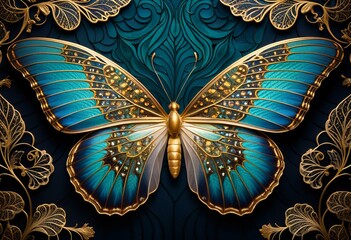 A blue and gold butterfly on a blue background.
