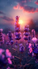 A serene sunset over blooming lavender fields, creating a tranquil and picturesque scene.
