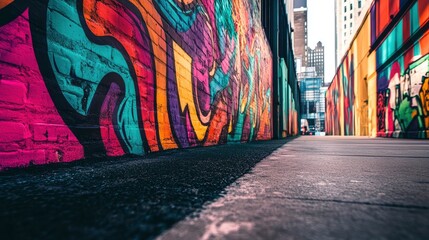 Fototapeta premium Walking Alleyway with Colorful Graffiti Art on Brick Walls in City