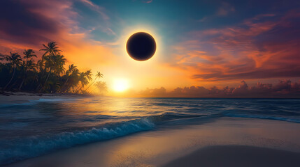 Witness the majestic solar eclipse from a serene beach a breathtaking natural phenomenon at dawn. Eclipsed Memory. Illustration