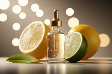 Refreshing Citrus Essence Bottle Surrounded by Fresh Lemons and Limes in Warm Golden Glow
