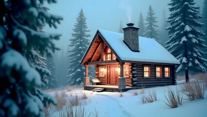 Cozy wooden cabin in a snowy winter landscape with warm glowing lights
