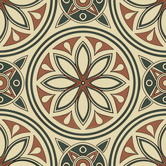 Intricate repeating pattern featuring floral and geometric designs in earthy tones