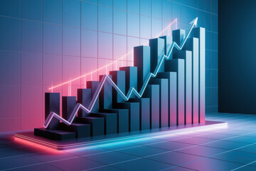 Dynamic Financial Growth Illustration with Rising Bar Graph and Trend Lines in Futuristic Neon Tones