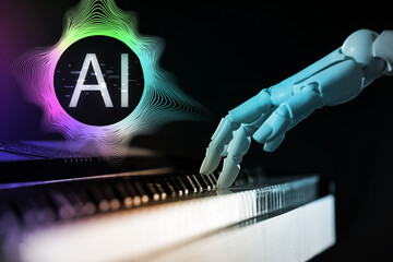 Artificial intelligence. Robot playing piano on dark background. Abbreviation AI and sound waveforms