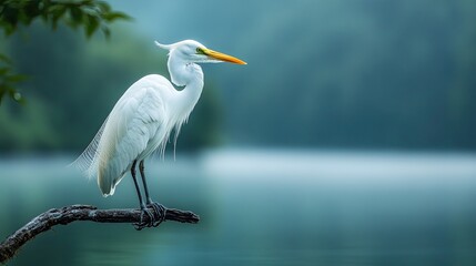 Obraz premium Majestic white heron perched on a branch against a scenic natural backdrop