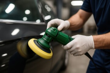 Car detailer polishing vehicle body with orbital polisher in auto repair shop