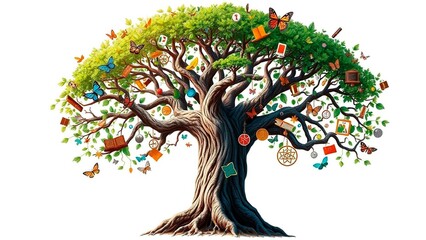 An elaborate tree with educational items, books, insects, and other symbolic objects hanging from its branches. It symbolizes knowledge.