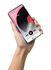Man showing mobile phone with open music player app on white background, closeup