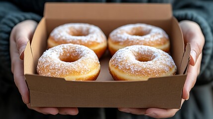 Someone holding a box of four powdered sugar donuts