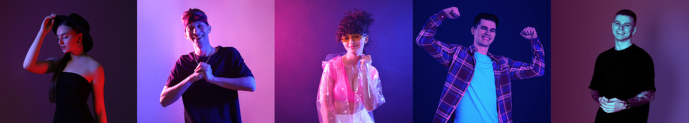 Different people in neon lights, collage of photos