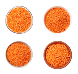 Dry red lentils in bowls isolated on white, set. Top view