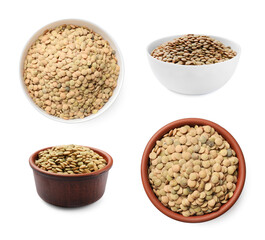 Fototapeta premium Dry brown lentils isolated on white, collage. Top and side view