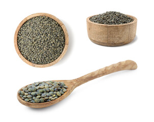 Dry green lentils isolated on white, set