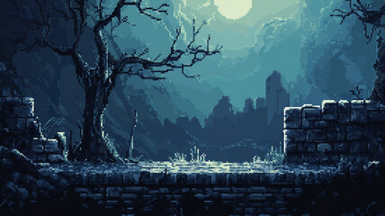 Pixel art game background. Web, background for game or cartoon in pixel art style with trees, arch, ruins, bushes and nature. Pixel art retro game level, moon, halloween