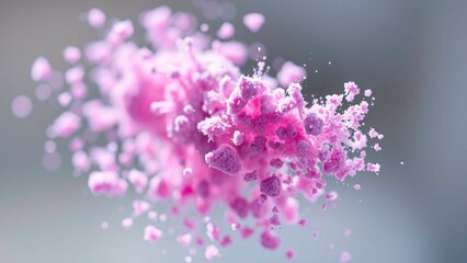 A burst of pink confetti in mid-air, like digital dust or pigment in a gentle explosion, against a soft, blurred background. 