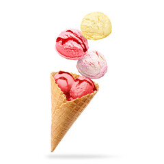 Ice cream scoops and waffle cone in air on white background