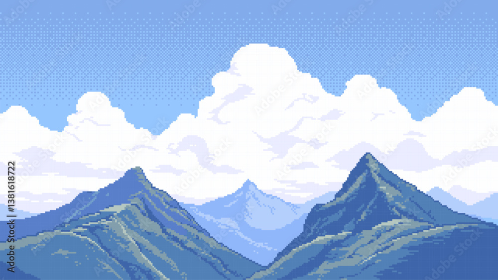 Aufkleber 8-bit pixel art retro game level background. 2D platformer video game. side view of a fantasy world. high mountain landscape. simple 2D vector graphics.