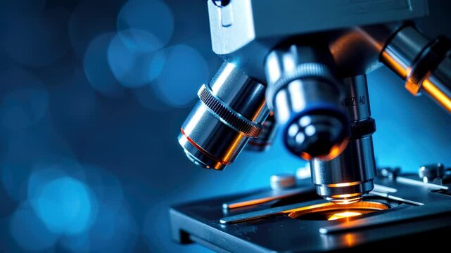 Digital microscope for research in dark medical laboratory, equipment and blue lights in lab, concept of technology, medicine, science, biology.