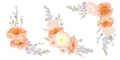 Corner Bouquets Set. Iceland Poppy, Ranunculus, Freesia and Peach or Cherry branches. Watercolor hand drawn botanical illustration of spring flowers in pastel colors isolated on a white background