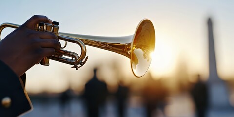 military honor ceremony, a bugler plays taps with a gleaming brass instrument as a solemn military tribute unfolds behind