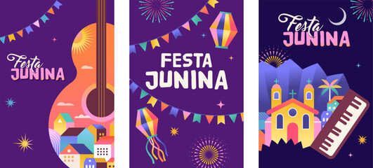 Festa Junina concept design. Brazilian music and dance summer festival carnival banner with city, guitar, accordion, lanterns, and flags. June festival in Brazil illustration