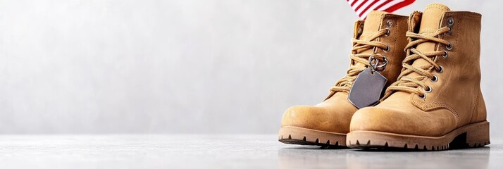 military remembrance art, sophisticated military tribute banner featuring polished combat boots, a folded flag, and dog tags on a reflective surface elegant gradient background adds a professional