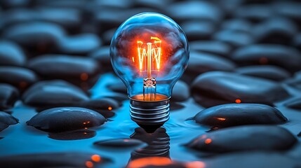 An illuminated light bulb reflecting in the surface of water