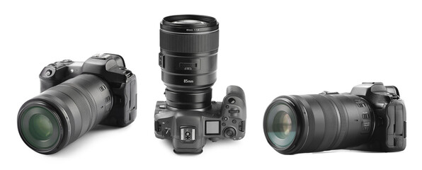 Modern photo camera isolated on white, set. View from different sides