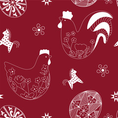 Easter simple pattern with rooster, hen and Easter eggs in red and white colours