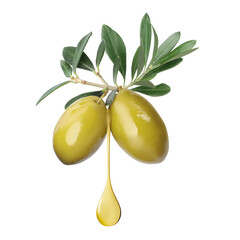Olives with green leaves and oil drop on white background