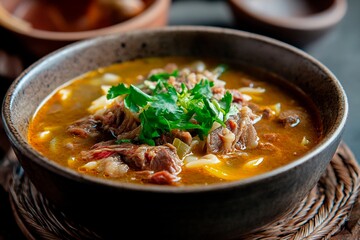 A rich, flavorful beef stew is served steaming in a dark bowl, topped with fresh herbs. The dish features tender meat and vegetables, creating a comforting meal perfect for chilly days