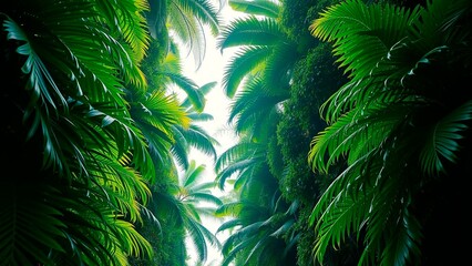 Obraz premium Lush green foliage creates a dense tropical canopy overhead, offering a glimpse of bright sky, highlighting nature's vibrant beauty and serenity.