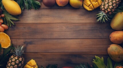 A vibrant assortment of tropical fruits arranged on a rustic wooden surface perfect for culina