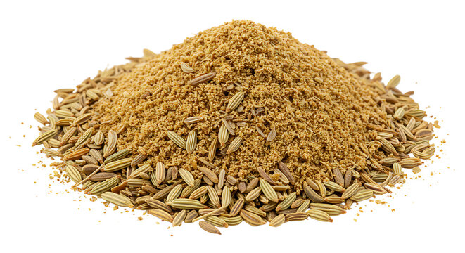 Pile of Cumin Seeds and Ground Cumin Spice on White Background