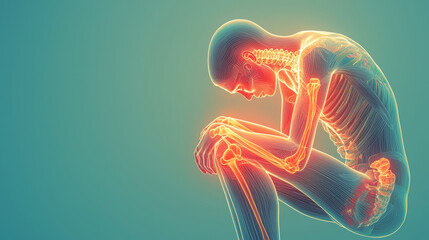 Digital illustration of human body with visible skeleton and muscle system in seated pose with pain points highlighted. Concept of chronic pain, anatomy, health problem, medical science, Copy space