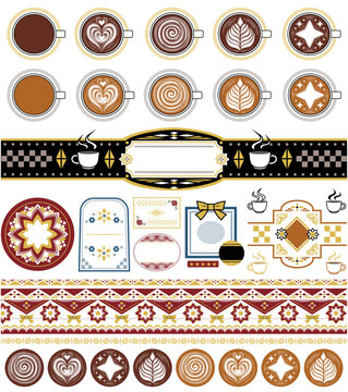 コーヒーのイラストとデコレーション用デザイン「上から見たラテアートとラベルデザイン」素材セット（Coffee illustration and decoration design "Top view latte art and label design" material set.）
