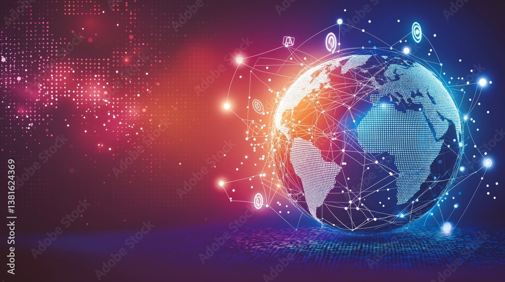 Aufkleber Digital earth with interconnected tech icons and glowing network links symbolizing global communication and modern digital systems, Generative AI