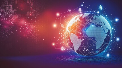 Obraz premium Digital earth with interconnected tech icons and glowing network links symbolizing global communication and modern digital systems, Generative AI
