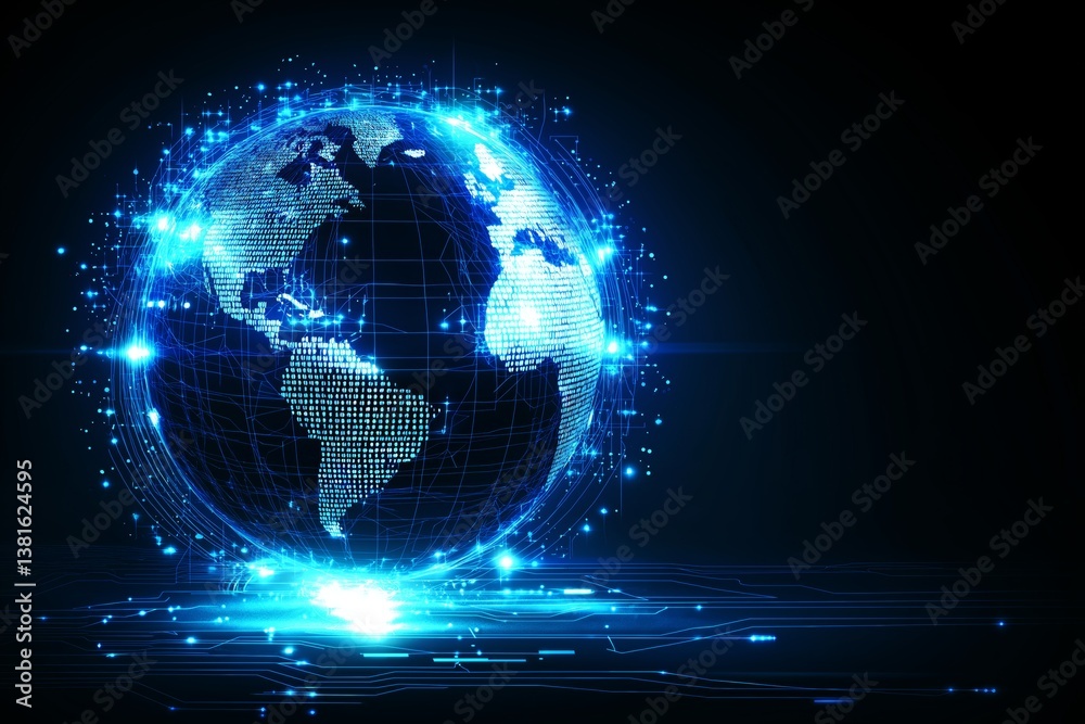 Aufkleber Digital globe made of data points and grids glowing in blue representing future technology and worldwide data communication, Generative AI