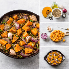 Roasted lentils with pumpkin, garlic and red onion, step-by-step cooking process, collage, cooking instructions, do it yourself