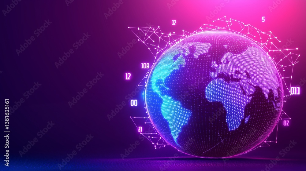 Aufkleber Digital Earth surrounded by glowing network of dots and lines representing futuristic global connection and data communication, Generative AI