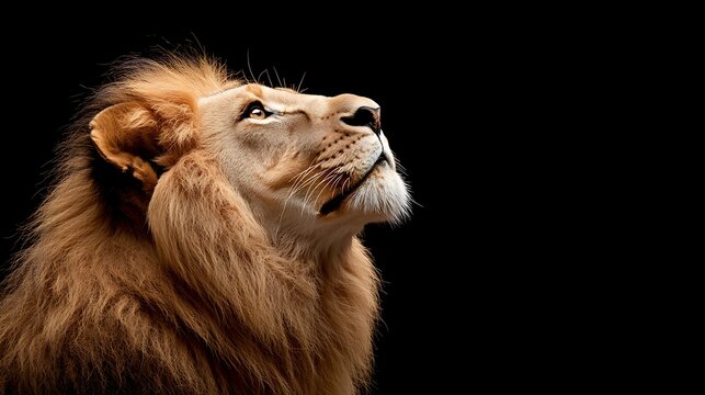 A majestic lion looking upwards against a black background