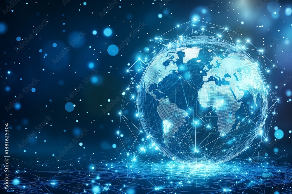 Fototapete Digital Earth surrounded by glowing network of dots and lines representing futuristic global connection and data communication, Generative AI