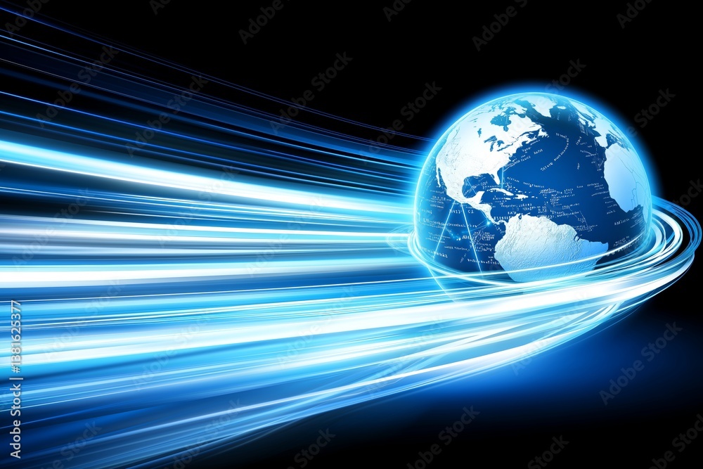 Fototapete Glowing blue digital globe with virtual grid and technology lines symbolizing global connectivity, data networks and modern communication, Generative AI