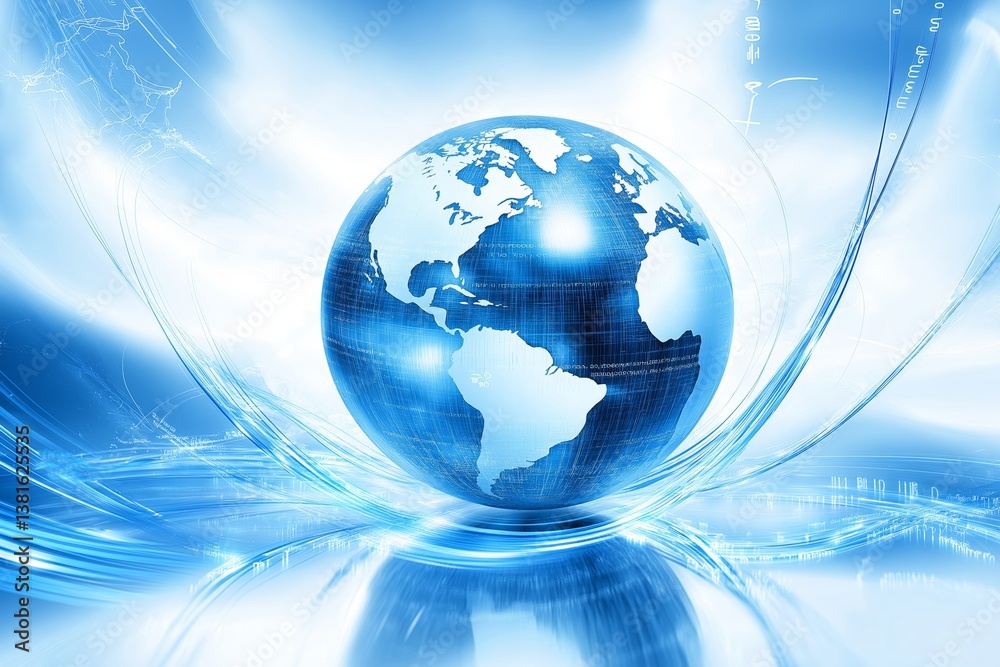 Aufkleber Glowing blue digital globe with virtual grid and technology lines symbolizing global connectivity, data networks and modern communication, Generative AI