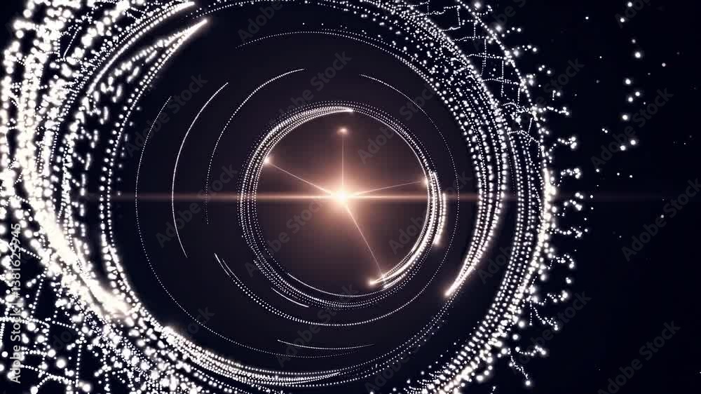 Poster luminous particles rotating rapidly around central light source, generating circular motion against 
