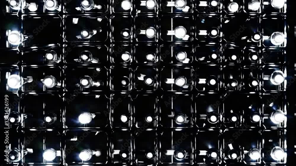 Poster mesmerizing grid of light bulbs flashing rhythmically, creating dynamic interplay of illumination ag