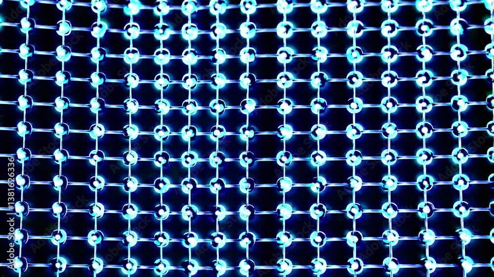 Poster multiple shots of a grid of light emitting diodes powering on and off, creating various patterns of 