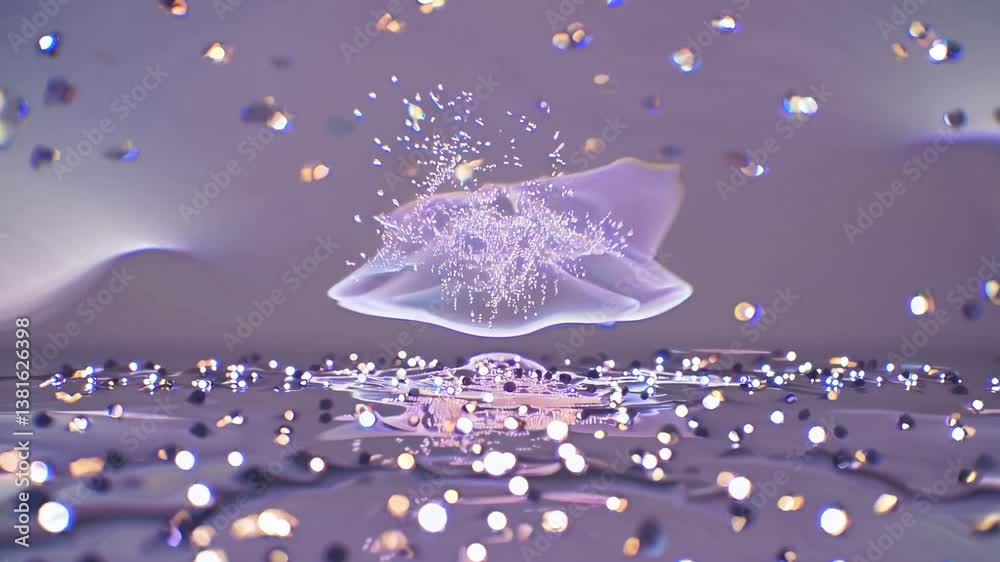 Poster glowing particles fall onto a reflective surface, creating iridescent waves and a mesmerizing interp
